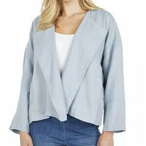 Eileen Fisher Organic Linen Open Drape Front Jacket Cardigan Light Blue Medium